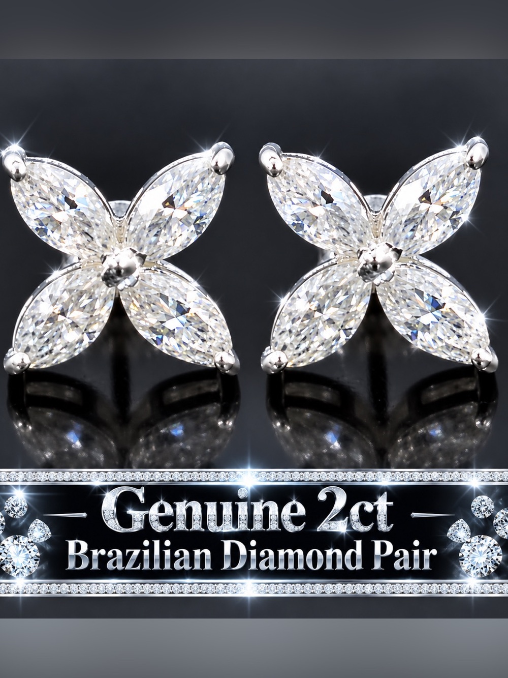 2ct Diamond Earrings- Marquise cut studs Solid Sterling Silver 925 - Picture 1 of 8